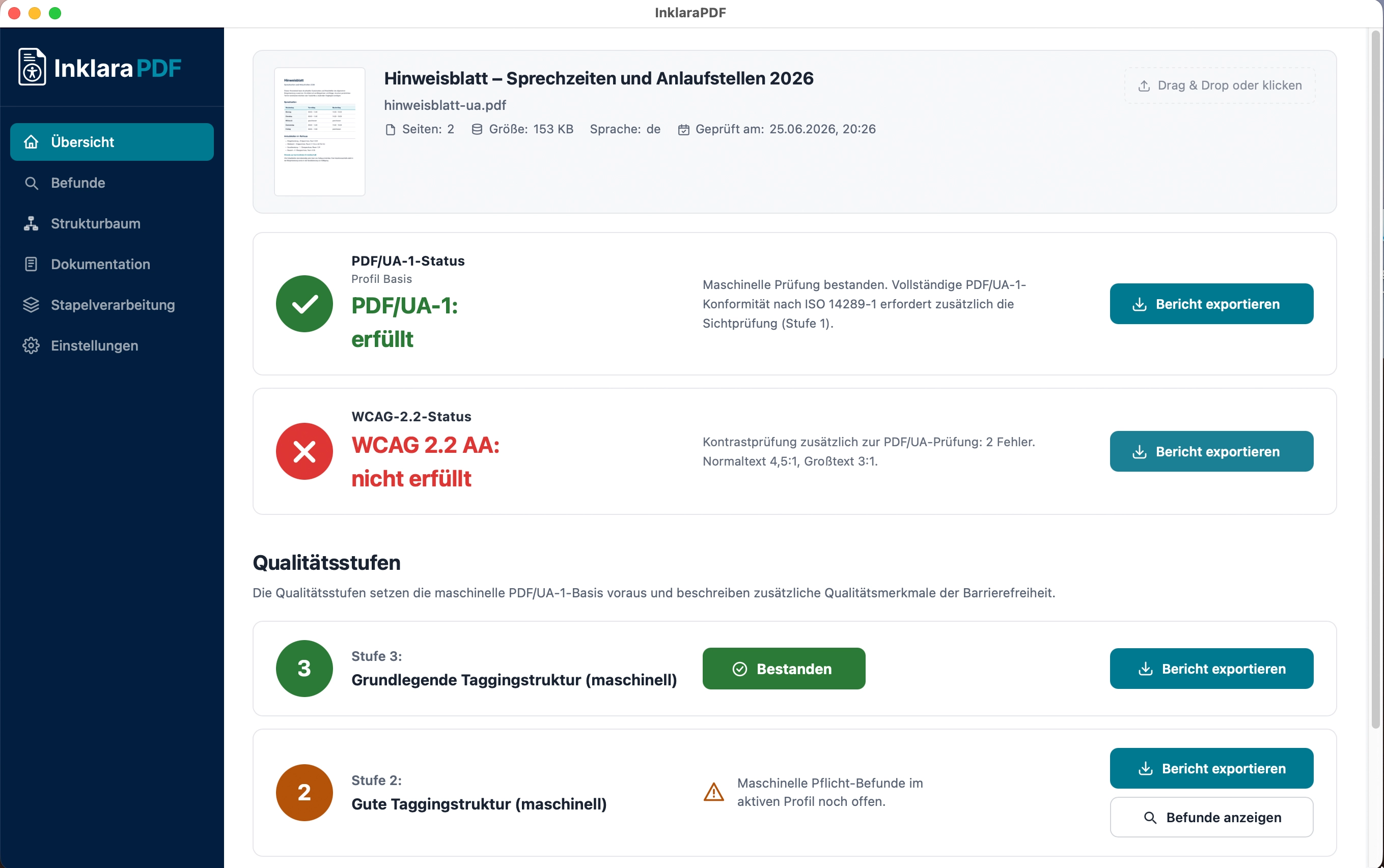 Übersichtsseite von InklaraPDF 2.1.0: PDF/UA-1-Status erfüllt, WCAG-2.2-AA-Status nicht erfüllt; Qualitätsstufe 3 bestanden, Stufe 2 mit offenen Befunden.
